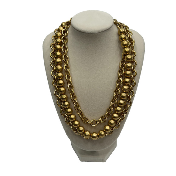 Vtg Monet Gold Tone Three Strand Chain & Bead Layered Statement Necklace 17" - Picture 1 of 7